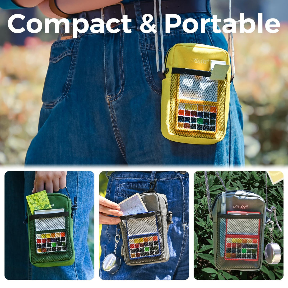 Funto Mini Watercolor Paint Set, All-In-One 24-Color Travel Paint Kit, with Crossbody Bag, Watercolor Journal, Paint Water Cup, Pocket Set for Artists Funto