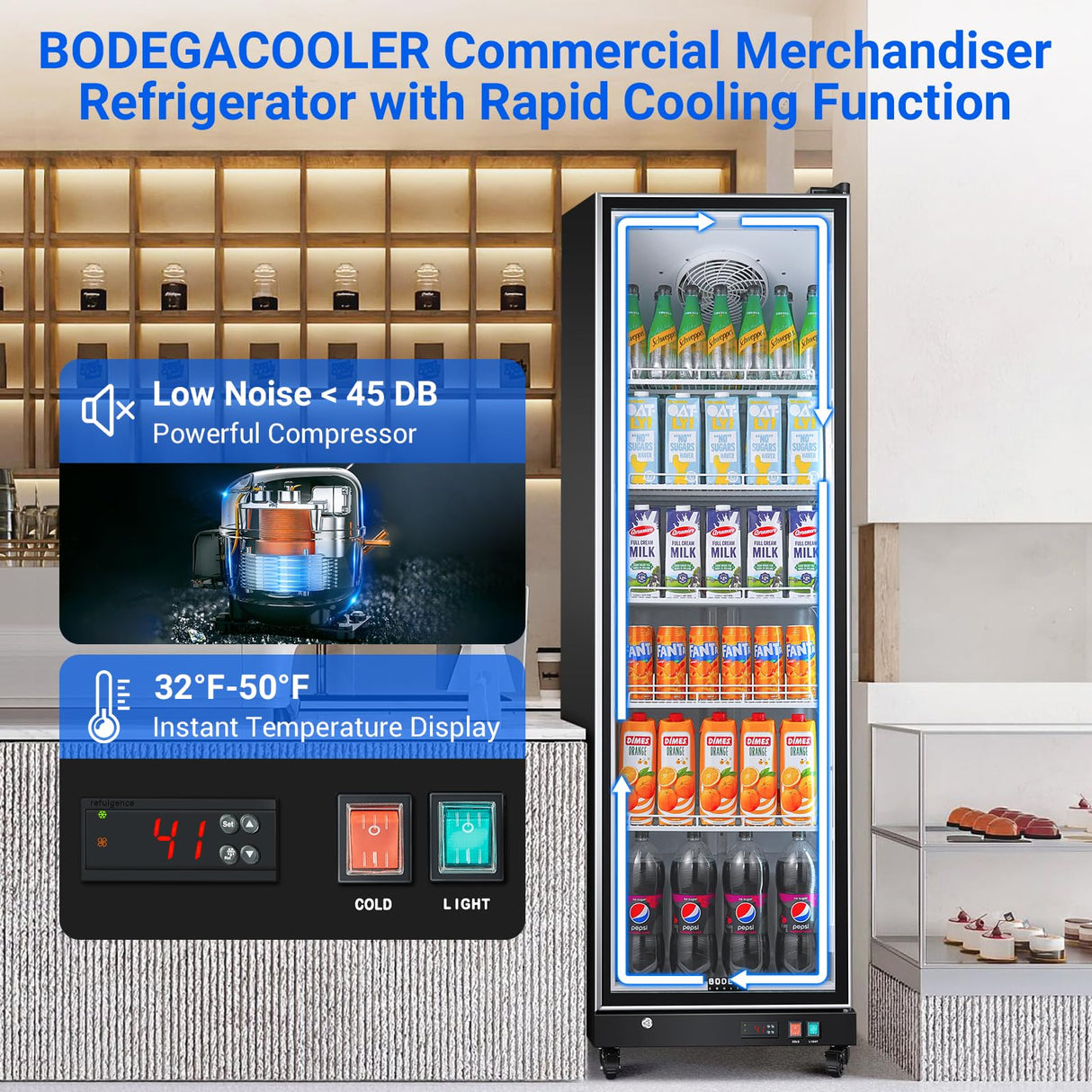 BODEGACOOLER Commercial Merchandiser Refrigerator,12.5 Cu.Ft Glass Door Display Refrigerator,Upright Commercial Beverage Display Cooler with Soft LED Light,Adjustable Shelves,Black BODEGA