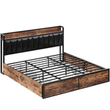 LIKIMIO King Bed Frame with 4 Storage Drawers, Platform Bed with Charged Headboard, Sturdy and Stable, No Noise, No Box Spring Needed, Easy to Install, Vintage Brown and Black LIKIMIO