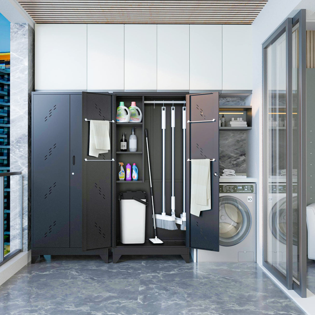 75" Taller Metal Garage Storage Cabinet,Tool Chest, Large Offiice Storage Cabinet wiith Lock Doors, Stainless Steel Bottom Plate with Holes,Utility Room Organization(H75* D16.53*L33.85)(BLACK) ZONLESON