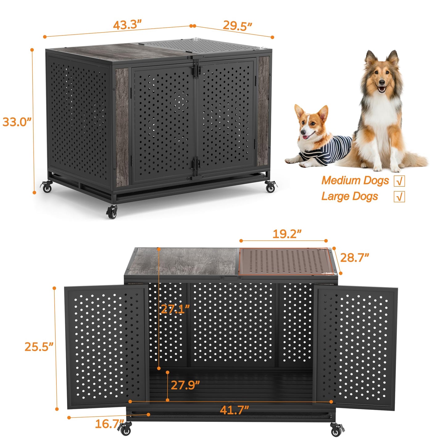 REXWELTEN 42" Heavy Duty Dog Crate Furniture for Medium and Large Dogs, Enclosed Design with 0.5 inch Holes, Indestructible Metal Kennel for High Anxiety Dogs, Chew Proof Indoor Pet House Cag - WoodArtSupply