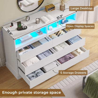 Hasuit White Dresser for Bedroom with LED Lights and Charging Station, 51.2" Long Dresser Chest of Drawers with Large Drawers and Open Space, Modern 6 Drawer Dresser for Bedroom, Living Room, - WoodArtSupply