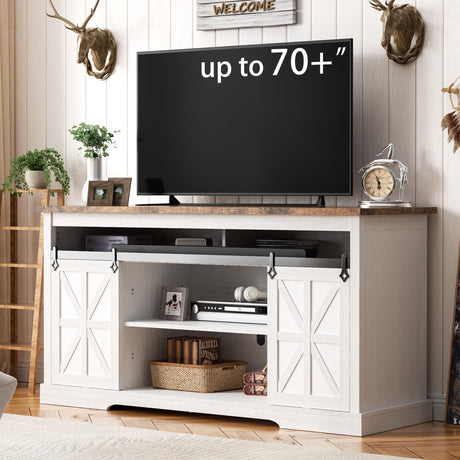 VEELOK Farmhouse TV Stand for 75 Inch TVs, Tall TV Console Entertainment Center with Sliding Barn Doors and Storage Shelves, TV Stand for Living Room (White) VEELOK
