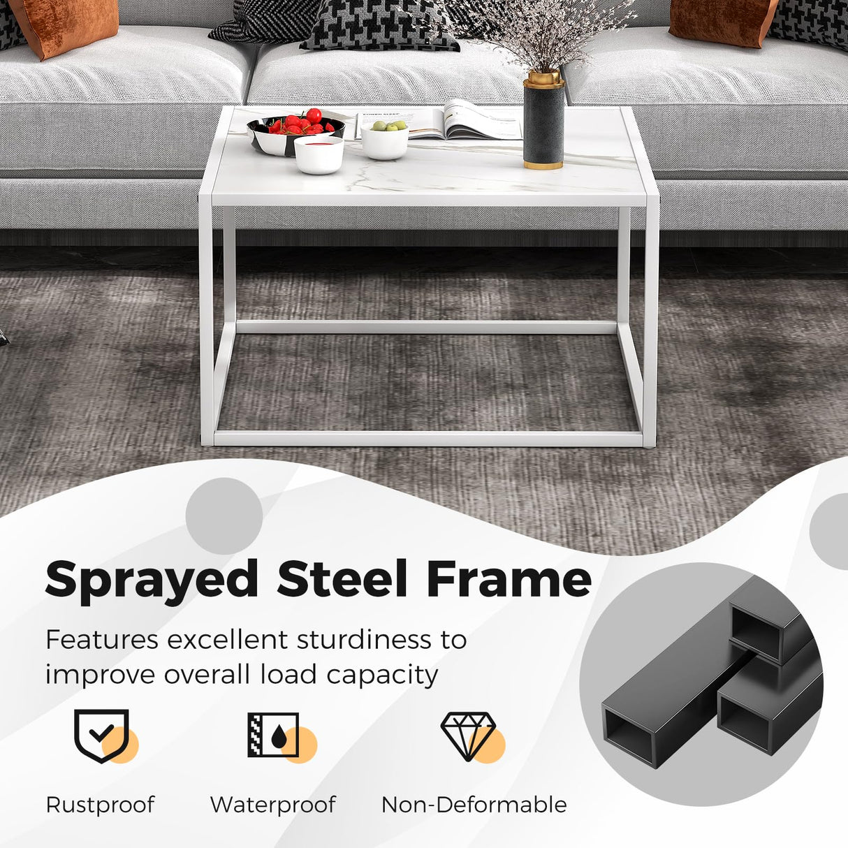 Giantex Square Coffee Table with Faux Marble Tabletop & Steel Frame, Center Cocktail Table, Accent Living Room Furniture, Low Bedside Table, Easy Assembly (White) Giantex