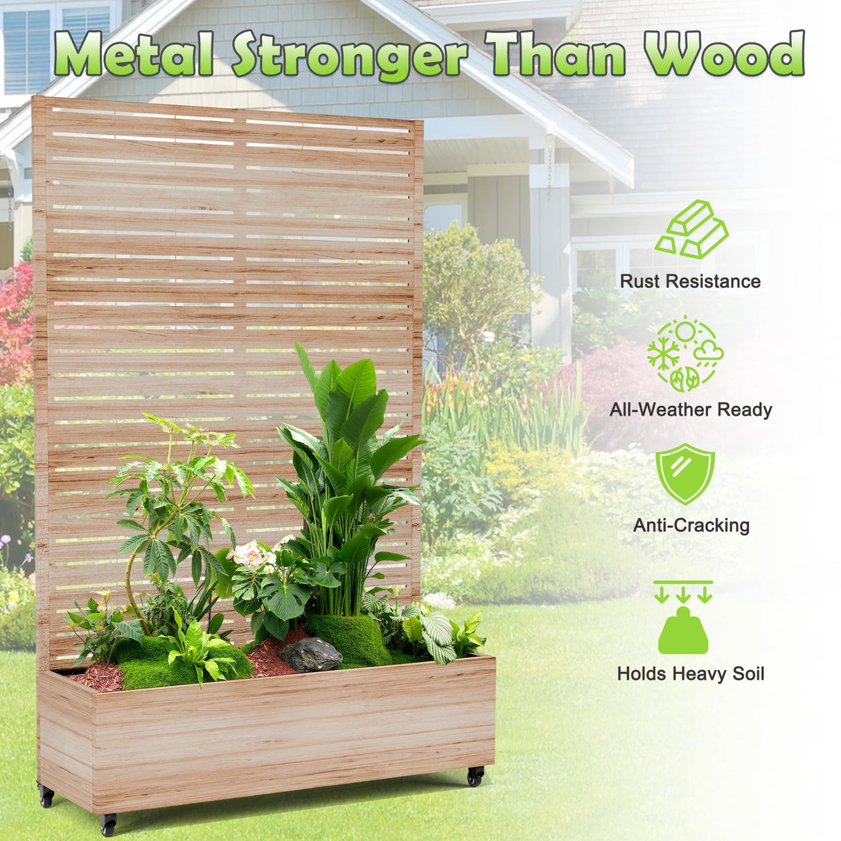 15.7"×70.9"×47.2" Metal Raised Garden Bed with Trellis and Wheels - Tall Trellis Planter Box for Climbing Plants, Vegetables & Vines - Outdoor Privacy Planters for Patio (Acacia Wood Grain) TOAOTBNBO