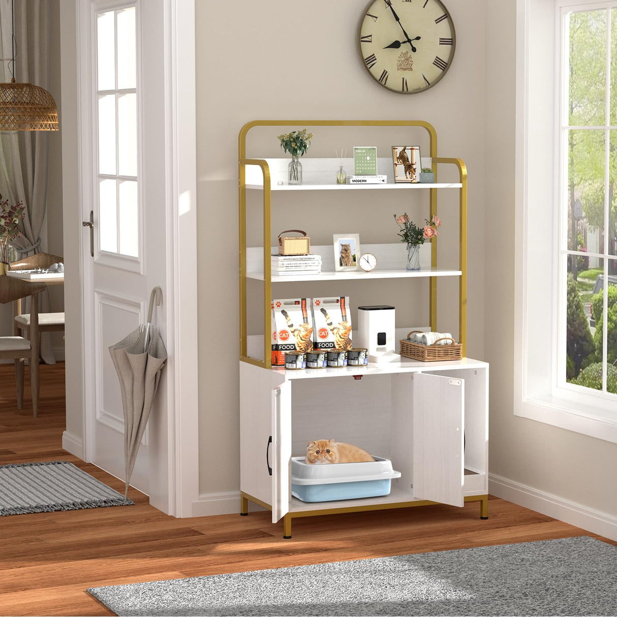 Easycom Cat Litter Box Enclosure Furniture with Shelves, Indoor Litter Box Furniture, Hidden Litter Box with Storage, Wooden Cat House with Cat Scratching Pad, Fit Most Cat Litter Box EasyCom