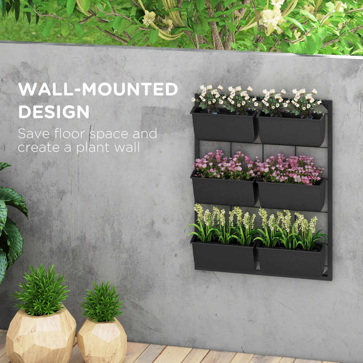 Outsunny 3-Tier Wall Planter with 6 Pots for Indoor and Outdoor Use, Hanging Plant Holder, Self Draining Wall Mounted Planter for Vegetables, Flowers, Herbs, Black Outsunny