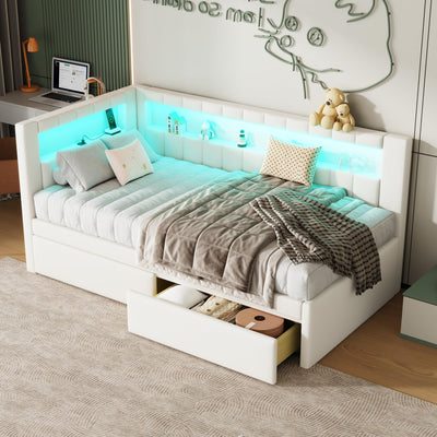 DNChuan Upholstered Twin Size Daybed with LED and Storage Drawers, USB Ports,L-Shaped Corner Day Bed with Storage Shelves Headboard,Sleeper Sofa Couch for Girls Adults Kids Boys, White