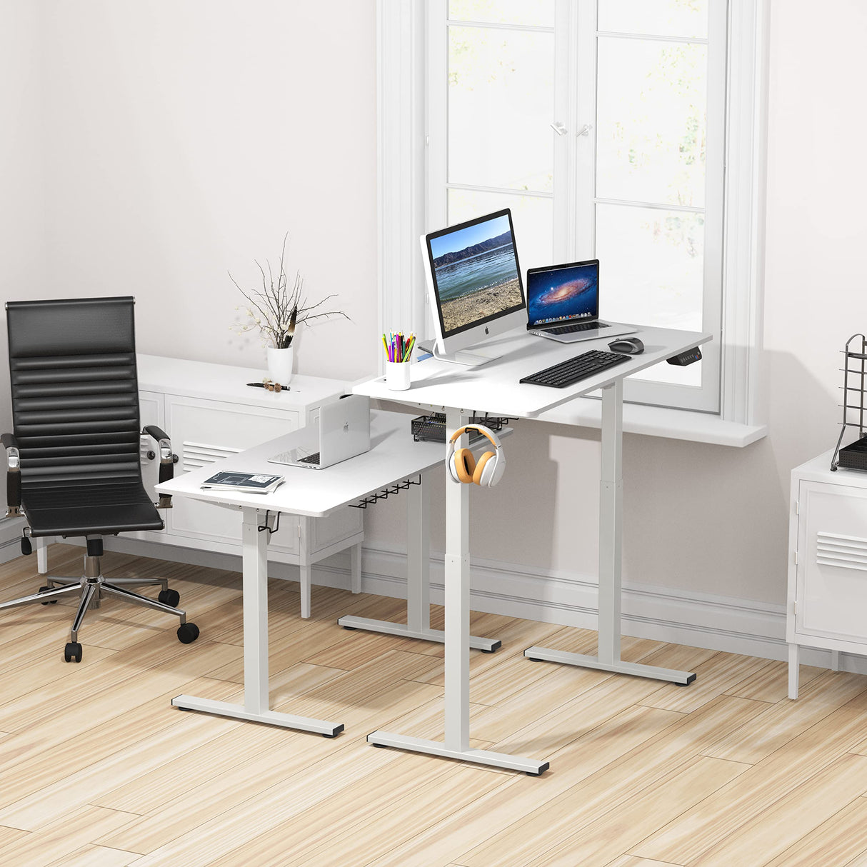 SHW Memory Preset Electric Height Adjustable Standing Desk, 48 x 24 Inches, White SHW