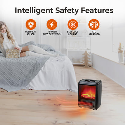 Comfort Zone Electric Mini Fireplace Space Heater with Realistic 3D Flame, Stay-Cool Body, Carry Handle, Overheat Sensor, and Safety Tip-Over Switch, Ideal for Home, Bedroom, & Office, 1,200W, CZFP1BK