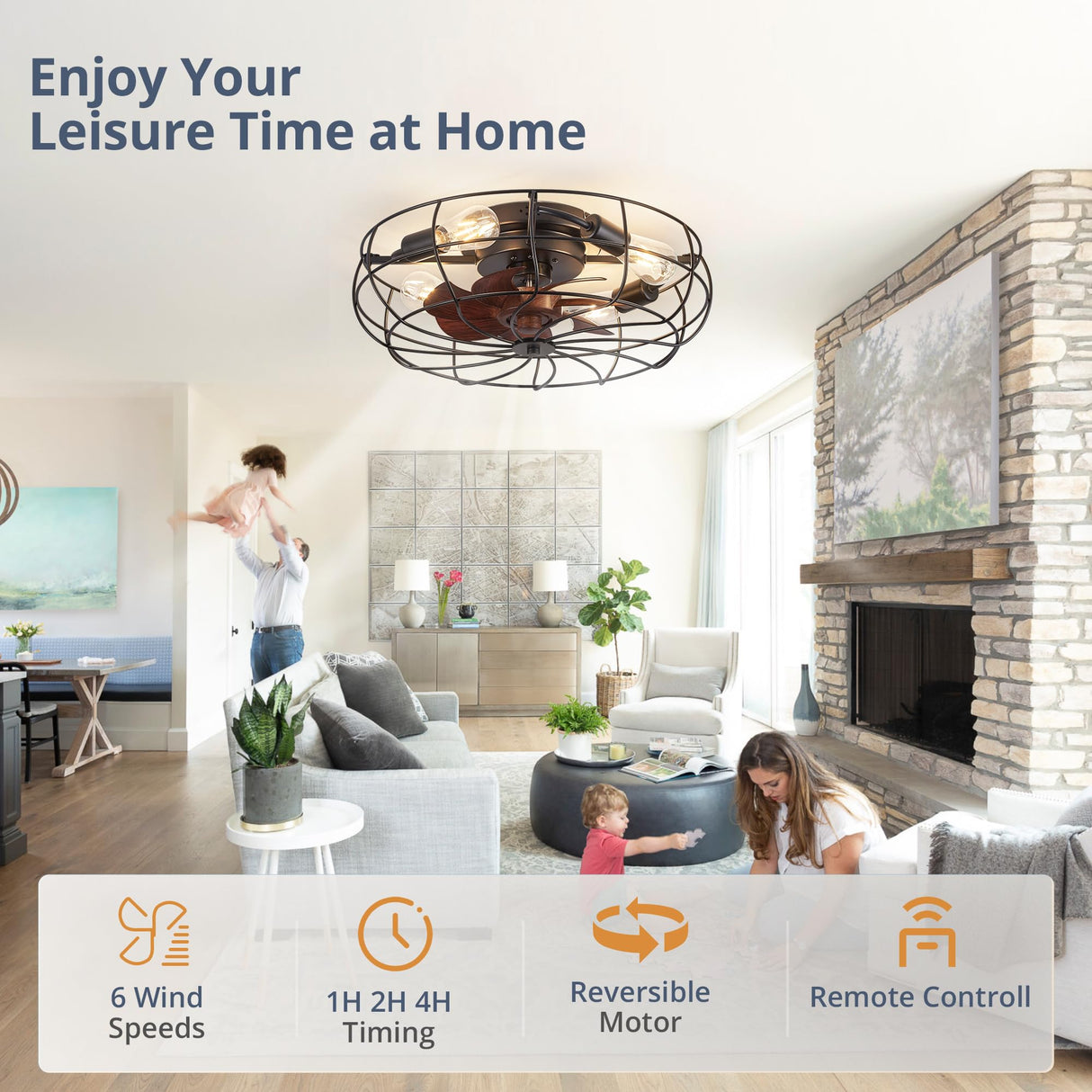 LEDIARY 20" Caged Ceiling Fans with Lights and Remote, Flush Mount Bladeless Ceiling Fan Low Profile, Small Farmhouse Industrial Enclosed Ceiling Fan with Light for Bedroom, Kitchen, Indoor LEDIARY