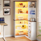 YITAHOME Corner Bookshelf with Storage, Farmhouse 6-Tier Bookshelf with Drawers and Cabinets, L-Shaped Bookcase LED Lights Corner Display Shelf for Home Office, Living Room, Bedroom YITAHOME