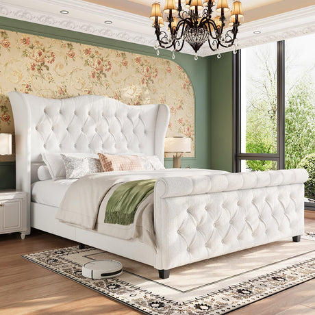 Queen Size Bed Frame-Upholstered Platform Chenille Sleigh Bed-51 inch Scroll Wingback Tall Headboard Footboard-Deep Button Tufted-Easily Assemble-Wood Slats Support-No Box Spring Required-Cream koorlian