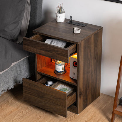 HOMMPA Open Shelf LED Nightstand with Charging Station Dark Walnut 2 Drawers Bedside Table with Led Light Night Stand with Storage Smart Nightstand Wood Night Table Mid Century for Bedroom Fu - WoodArtSupply