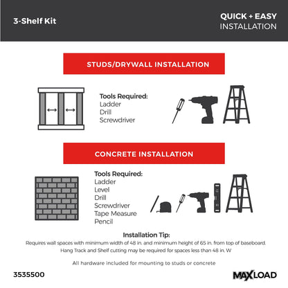 ClosetMaid MaxLoad Heavy Duty Wall Shelf Kit for Garage, 3 Shelves, Adjustable ShelfTrack Wire Shelving, Black Finish