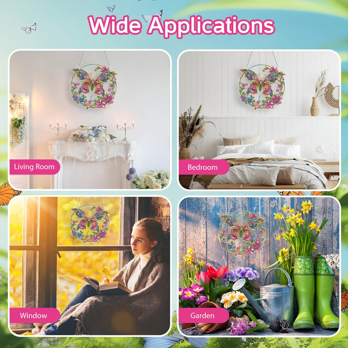 VeteUr RDCREW DIY Butterfly Diamond Art Wreath Kits - Special Shaped Rhinestone Diamond Painting Suncatcher Hanging Ornament Window Pendants Gift for Home Garden Wall Indoor Outdoor Decor, Small VeteUr