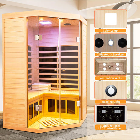 Infrared Sauna 2-3 Person Infrared Saunas for Home, Indoor Corner Sauna Spa Low Emf Infrared Sauna with 7 Color Therapy Dry Sauna for Home,2 Bluetooth Speakers, 2 LED Reading Lamp KOOZONEGM