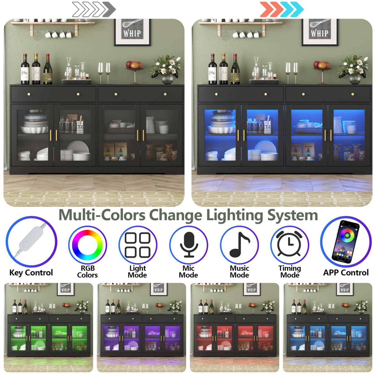 Sideboard Buffet Cabinet with LED Lights, 55.1 Storage Cabinet with 2 Large Drawers & 4 Glass Doors, Modern Kitchen Display Cabinet with Adjustable Shelves, Coffee Bar for Kitchen Living Room (Black) Gyfimoie