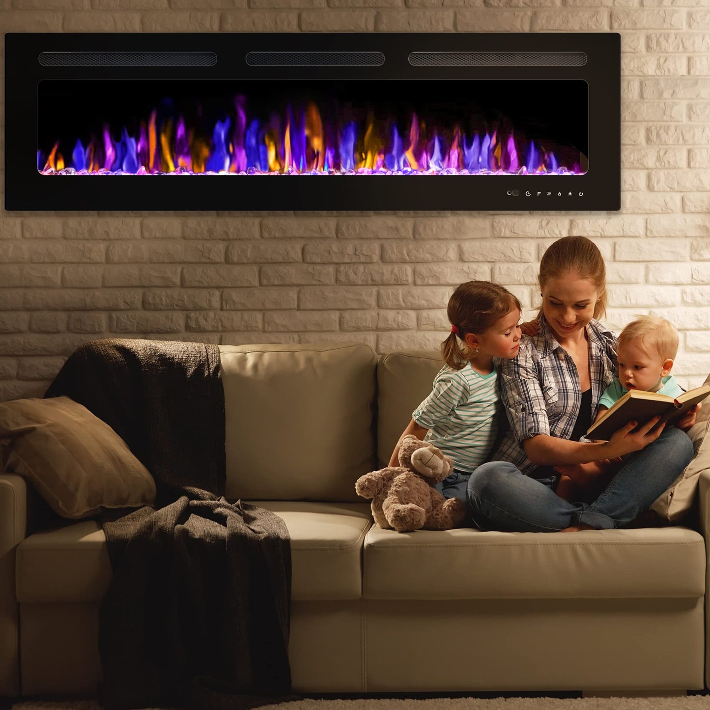 BETELNUT 60" Electric Fireplace Wall Mounted and Recessed with Remote Control, 750/1500W Ultra-Thin Wall Fireplace Heater W/Timer Adjustable Flame Color and Brightness, Log Set & Crystal Options