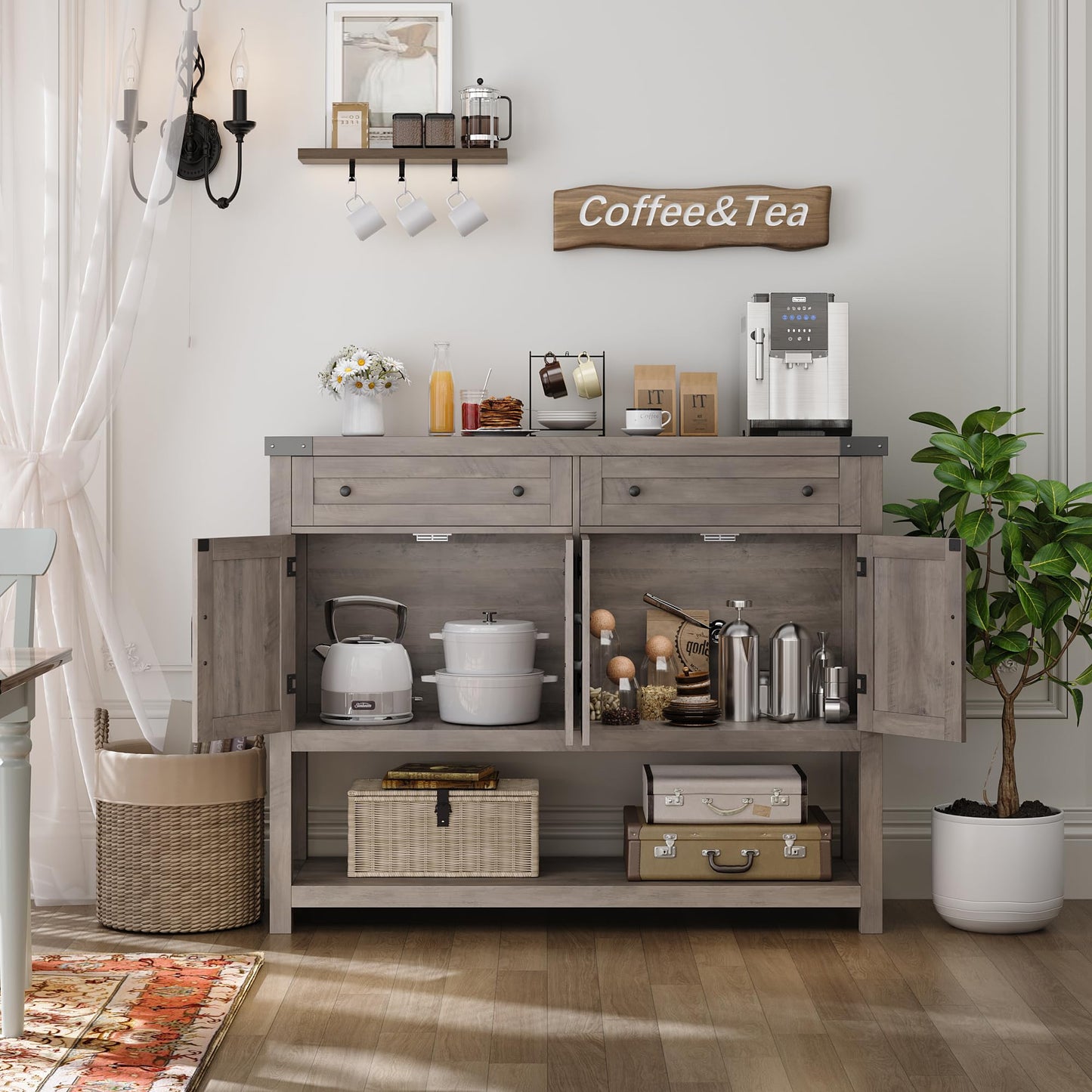 HOSTACK Buffet Sideboard Cabinet with Storage, 47.2" Modern Farmhouse Coffee Bar with 2 Drawers, Barn Doors Console Table with Shelf for Kitchen, Dining Room, Living Room, Entryway (Ash Grey) - WoodArtSupply