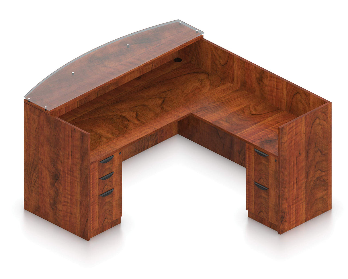 Offices To Go L Shaped Reception Desk with Glass Transaction Counter and 2 Sets of DrawersW/Drawers in (American Dark Cherry) Offices To Go