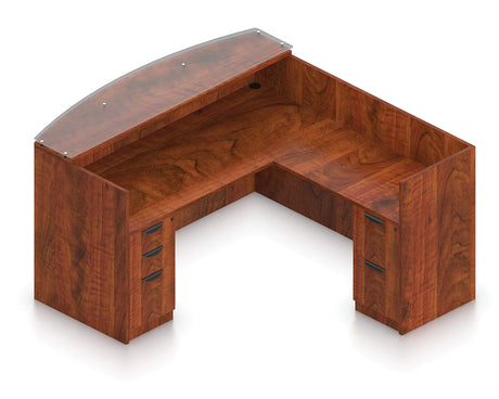 Offices To Go L Shaped Reception Desk with Glass Transaction Counter and 2 Sets of DrawersW/Drawers in (American Dark Cherry) Offices To Go