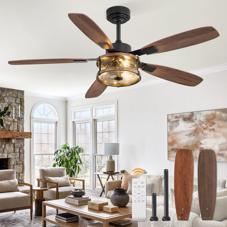 Farmhouse Ceiling Fan with Light and Remote, 52" Black Rustic Flush Mount Ceiling Fans for Bedroom Living Room, Industrial Caged Ceiling Fan for 6 Speed Reversible Motor, 5 Dual Blades Fanbulous