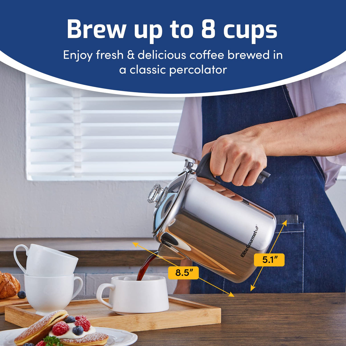 Elite Gourmet EC008 Classic Stovetop Coffee Percolator, Glass Clear Brew Progress Knob, Cool-Touch Handle, Cordless Serve, 8-Cup, Stainless Steel Elite Gourmet