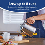 Elite Gourmet EC008 Classic Stovetop Coffee Percolator, Glass Clear Brew Progress Knob, Cool-Touch Handle, Cordless Serve, 8-Cup, Stainless Steel Elite Gourmet
