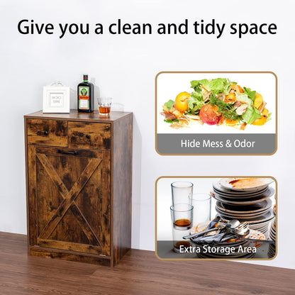 Zedesey Tilt Out Trash Cabinet with 2 Drawers Wood Hidden Kitchen Recycling Cabinet Free Standing Pet Proof Trash Can Laundry Cabinet for Kitchen, Living Room, Dining Room, Rustic Brown - WoodArtSupply