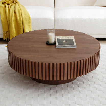 31.49" Walnut Coffee Table Round Wood, Modern Unique Fluted Coffee Table, Contemporary Drum Circle Coffee Table Accent Tea Table Center Table for Living Room, Small Space, Apartment