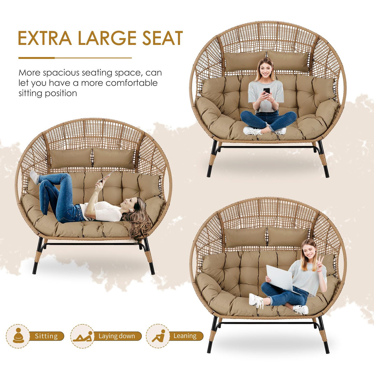 NICESOUL® Double Egg Chair Indoor Outdoor Stationary Oversized Thicken Padded Cushions,2 Person Egg Loveseat Chair, 680 lbs Extra Large Lounge Chair for Patio Balcony Porch Brown NICESOUL