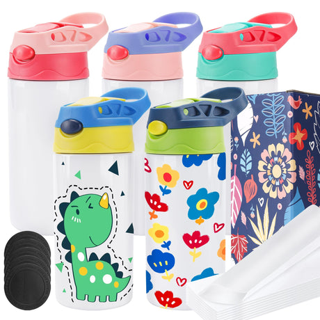 Joyclub 5 Pack Kids Sublimation Tumbler with Lid and Straw 12 oz Kids Sublimation Water Bottles Stainless Steel Sublimation Cups for DIY Insulated Tumbler Heat Press Print Joyclub