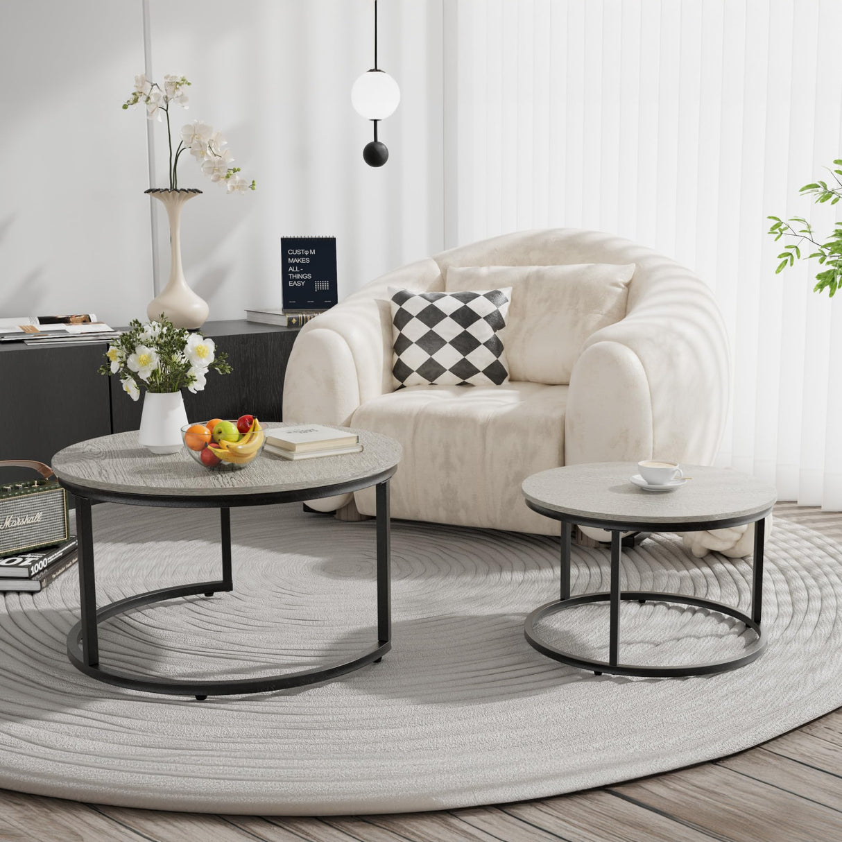 Otterease Nesting Tables Set of 2, 31.5" Round Coffee Table, Small Nesting Coffee Table with Adjustable Non-Slip Fee, Wood Grain Top Nesting Tables for Living Room, Bedroom (Wood Grain Grey) Otterease