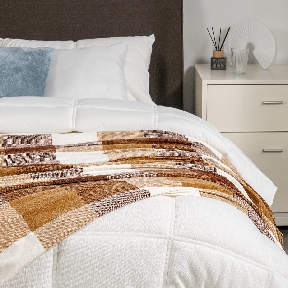 RECYCO Buffalo Paid Chenille Throw Blanket for Couch, Soft Cozy Decorative Buffalo Check Blanket Throw with Tassels for Bed Sofa, Lightweight Chenille Knitted Throw, Plaid Brown Off White, 50'' x 60'' RECYCO