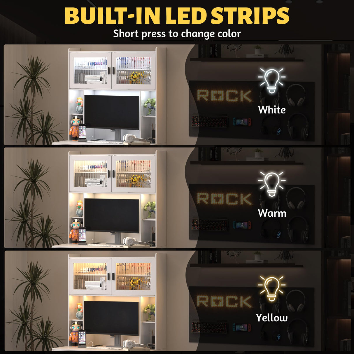 LVSOMT Home Office Desk with Hutch, Modern Computer Gaming Desk with LED Lights & Power Outlets, White Study Table with Storage Shelves, Teen Writing Desk for Bedroom, 40'' W LVSOMT