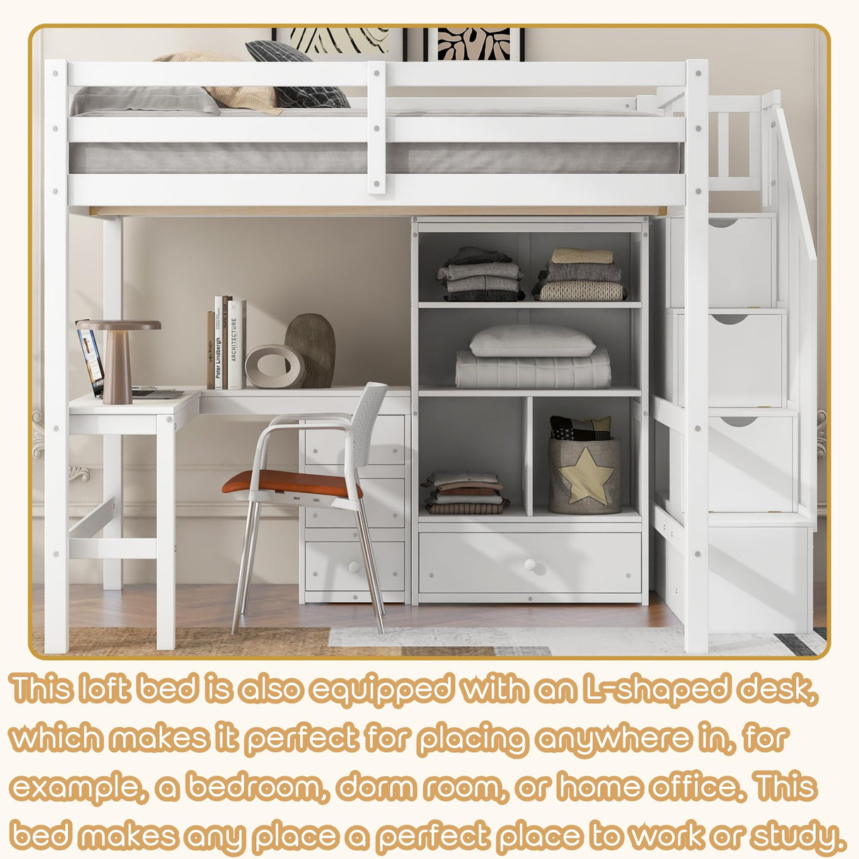 Full Size Loft Bed with Desk and Stairs Wood Loft Beds with Storage Cabinet and Bookcase High Loft Bed Frame with Staircase Shelves for Kids, Teen, Boys, Girls, White Bellemave