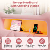 Twin Upholstered LED Bed Frame with 2 Storage Drawers and 2-Tier Storage Bookcase Headboard, Velvet Princess Platform Bed for Kids/Girls/Boys, Corner Bed Frame, Heavy Duty Metal Support, Pink Jocoevol