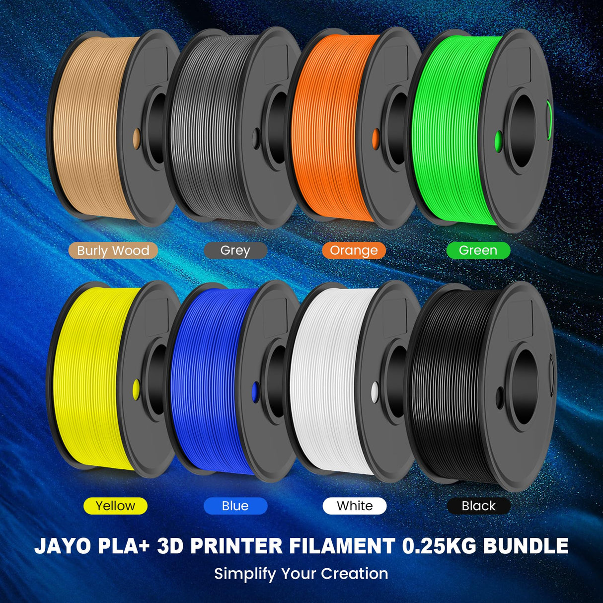 JAYO PLA+ Filament Bundle 1.75mm, 3D Printer Filament Bundle Multicolor, Individually Vacuum Packed, 250g Spool, 8 Pack, 2KG in Total, Black+White+Grey+Blue+Green+Orange+Yellow+Burlywood Color JAYO