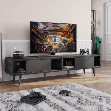 Bestier 70 inch Mid Century Modern Entertainment Center for 75 inch Display, Low Profile with Storage, for Living Room, Cord Management, Black Ash Bestier
