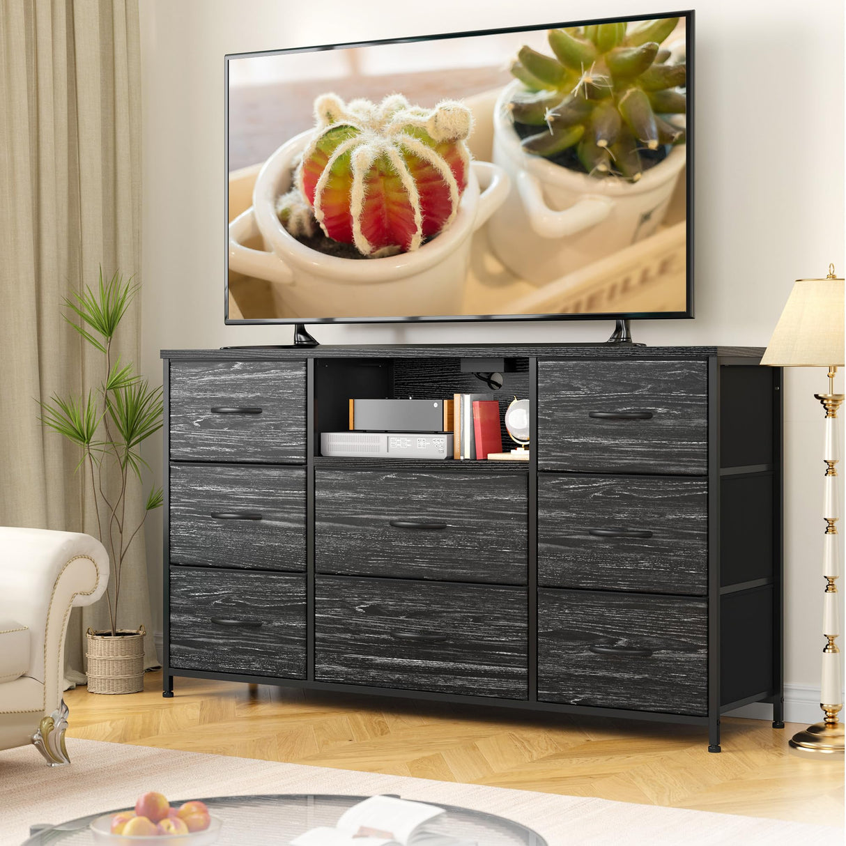 EnHomee Black Dresser for Bedroom with Charging Station, 8 Drawers Dressers & 55 inch TV Stand for Bedroom, Fabric Chest of Drawers with Open Shelves, Sturdy Dresser for Closet Living Room, Hallway EnHomee