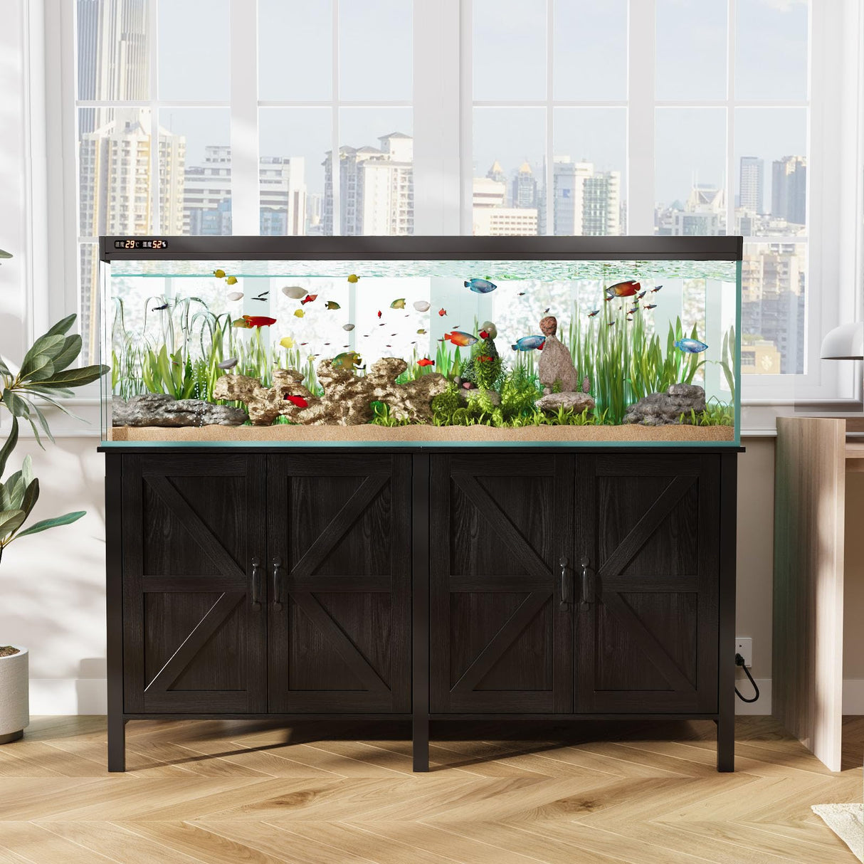 VOWNER 100-150 Gallon Fish Tank Stand with Power Outlet, Heavy Duty Aquarium Stand with Cabinet Storage for Fish Tank, Turtle Tank, Reptile Terrarium, 60" L*23.6" W Tabletop, 2200 LBS Capacity, Black VOWNER