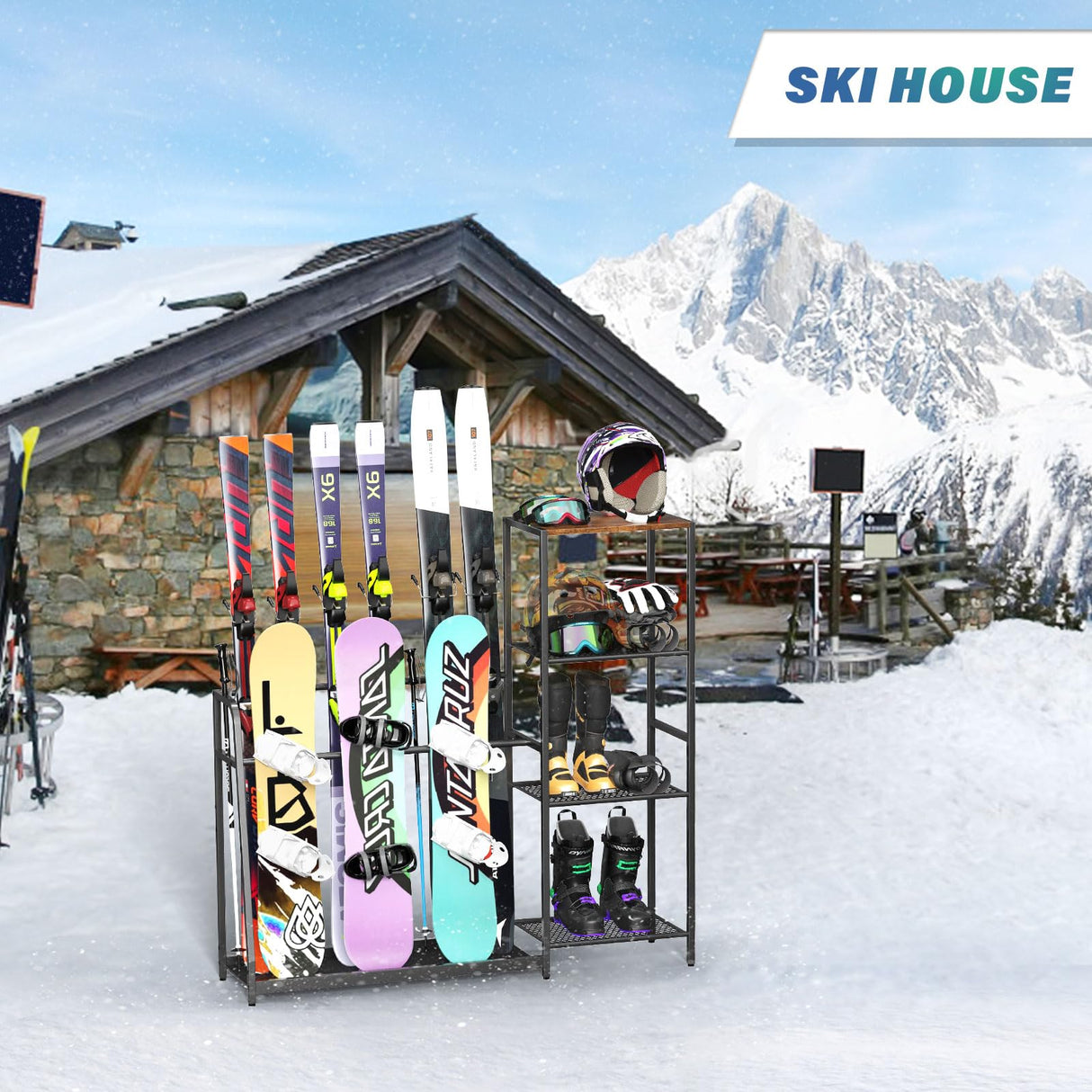 Freestanding Snowboard Rack - 4 Pair Ski, 3 Pack Snowboard, Boot, Pole, Goggles, Helmet Rack for Garage, Shed, Basement Lurgno