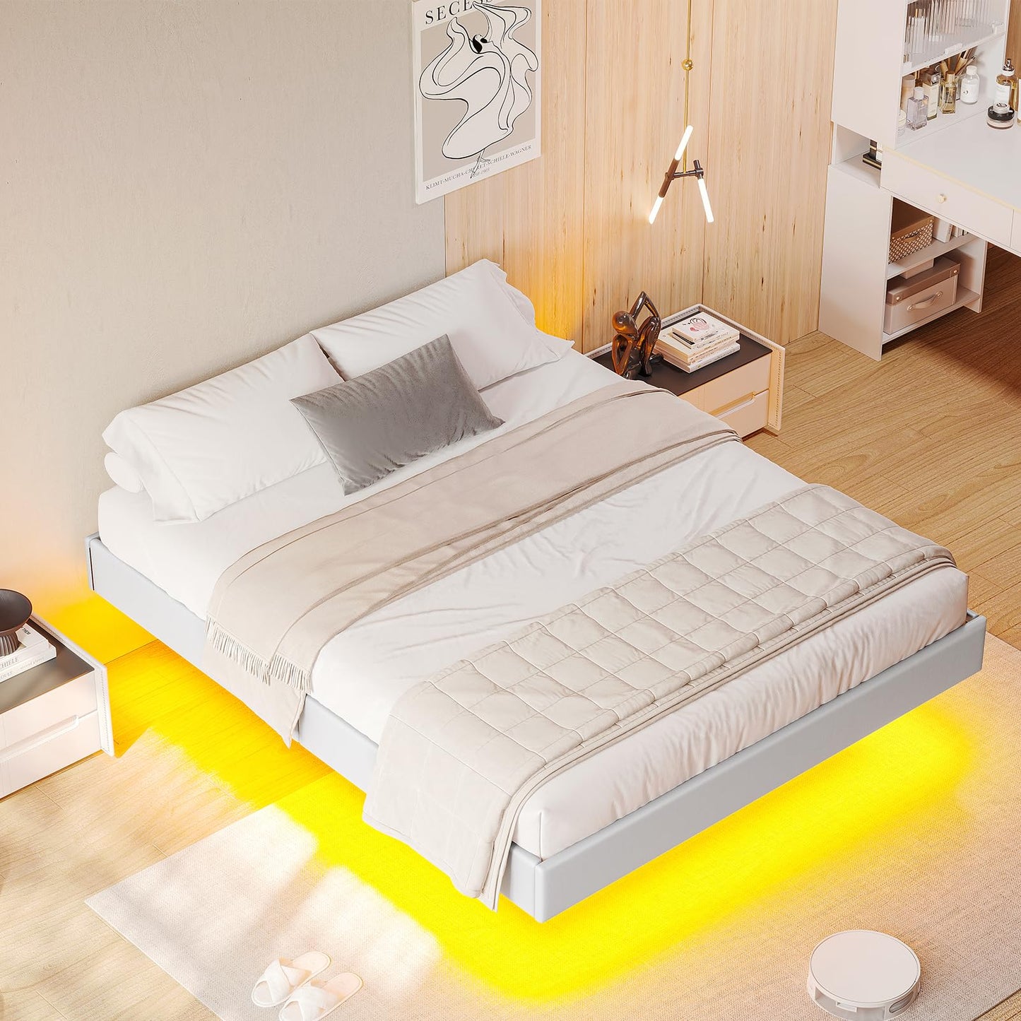 Hasuit Floating Queen Bed Frame with LED Lights - Modern White Platform Bed, No Box Spring Needed, Easy Assembly - WoodArtSupply