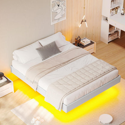 Hasuit Floating Queen Bed Frame with LED Lights - Modern White Platform Bed, No Box Spring Needed, Easy Assembly - WoodArtSupply