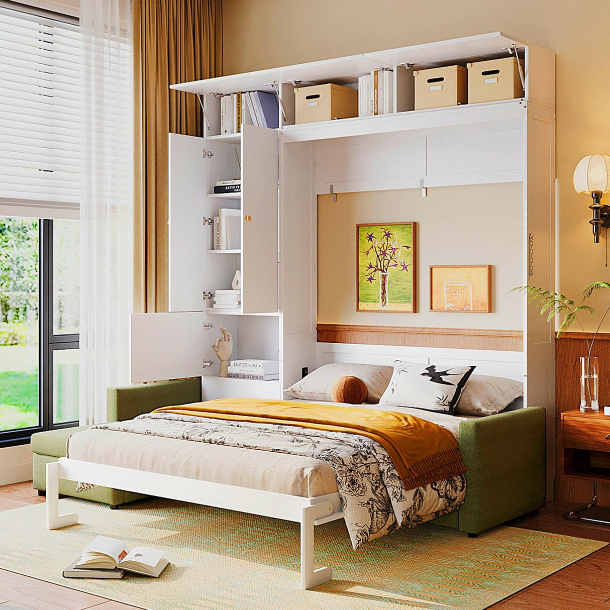 KLMM Queen Size Murphy Bed Wall Bed with Sofa and Shelves,for Apartments Studio Study Office Guest Room Use (Beige/S, Queen) KLMM