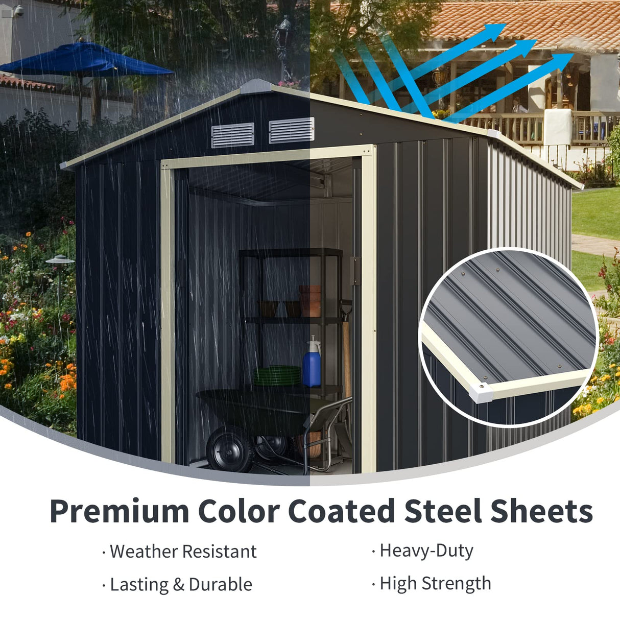 IRONMAX Outdoor Storage Shed, 7x6 FT Galvanized Steel Lean to Garden Shed, Heavy Duty Tool Storage House with Sliding Doors & Air Vents, for Bicycles, Lawnmowers, Backyards, Patios, Lawns, Grey IRONMAX