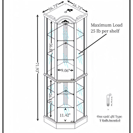 Lighted Corner Display Curio Cabinet Wooden Shelving Unit with Tempered Glass Door, Bar and Liquor Storage Area with 5 Shelves, Wine Cabinet with Curved Top Carving, Cherry CQSXDA