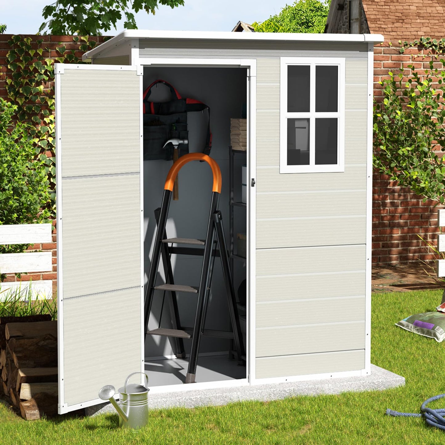 VONZOY Outdoor Storage Shed, 5x3FT Resin Shed with Floor, Lockable Door & Window, Waterproof Tool Sheds & Outdoor Storage for Bike, Garbage Cans,Garden Accessories, Sandstone - WoodArtSupply