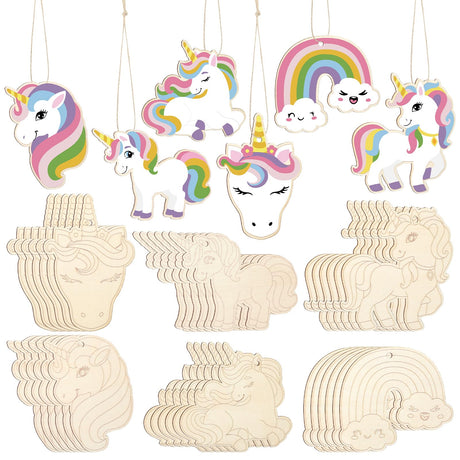Fullhawl 36 Pack Wooden Unicorn Cutouts Crafts Unfinished Wood Unicorn Head Cutouts to Paint DIY Crafts for Hanging Ornaments Rainbow Party Decorations Gift Tags Home Craft Fullhawl